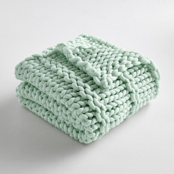 Pottery Barn Super Chunky Knit Throw Blanket Mint Green Seaglass NEW Soft - Picture 1 of 5